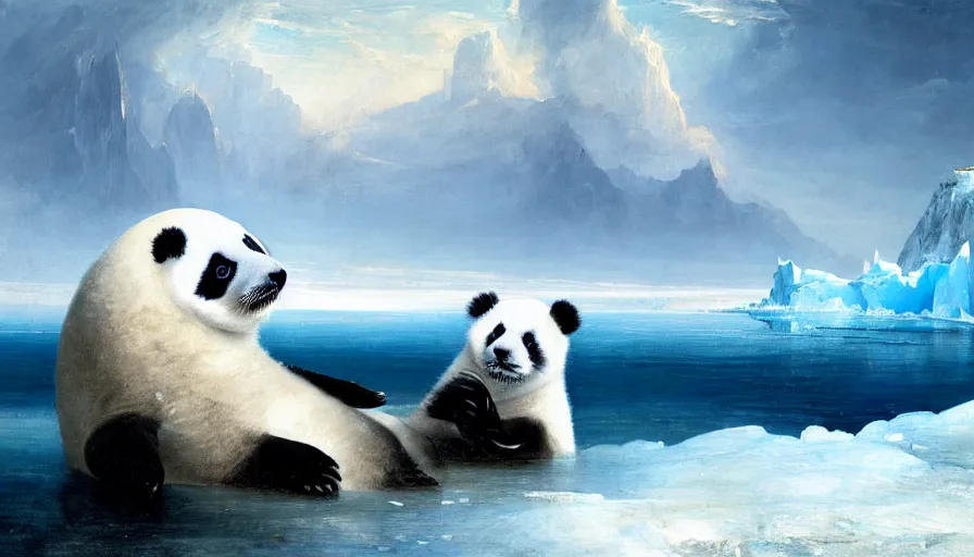 Image similar to highly detailed painting of humanoid creature thats half cute baby white furry seal and half panda on a blue and white iceberg by william turner, by greg rutkowski, by william constable, thick brush strokes and visible paint layers, 4 k resolution