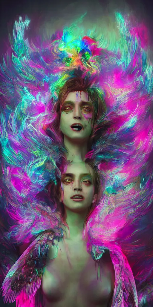 Prompt: impossibly beautiful portrait, dapper dream demon, wings, bad trip, insane smile, intricate complexity, surreal horror, inverted neon rainbow drip paint, trending on art station, photoreal, 8 k, octane render by greg rutkowski