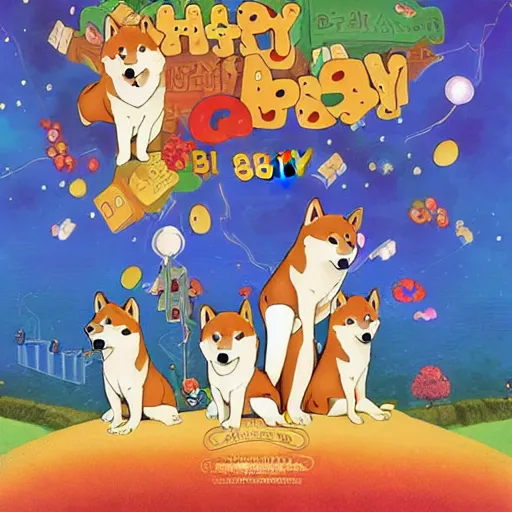 Image similar to shiba inu dogs singing happy birthday, Nintendo game art, Hayao Miyazaki, intricate detail, illustration, beautiful lighting,