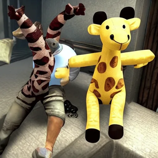 Image similar to a cute stuffed giraffe fighting zombies in resident evil, realistic, hyper detailed
