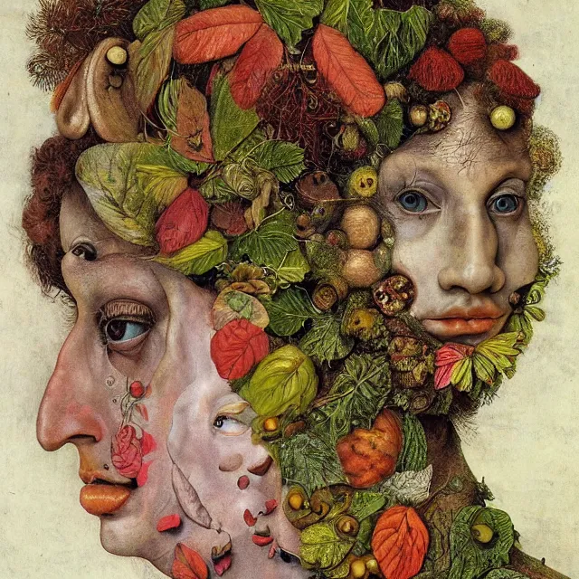 Image similar to profile portrait of a woman, leaves, by giuseppe arcimboldo,, psychedelic, surreal, sci - fi, dreamlike.
