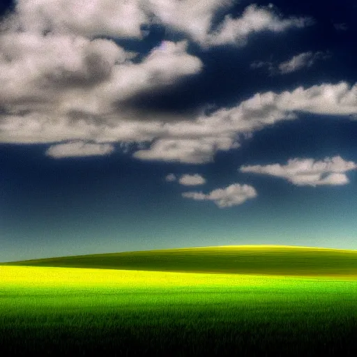 Prompt: liminal space photograph with Windows XP Wallpaper Bliss