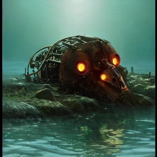 Prompt: a photograph of a robot endoskeleton submerged and rusted in the water, cinematic, volumetric lighting, f 8 aperture, cinematic eastman 5 3 8 4 film, photorealistic by greg rutkowski, by stanley artgerm, by alphonse mucha