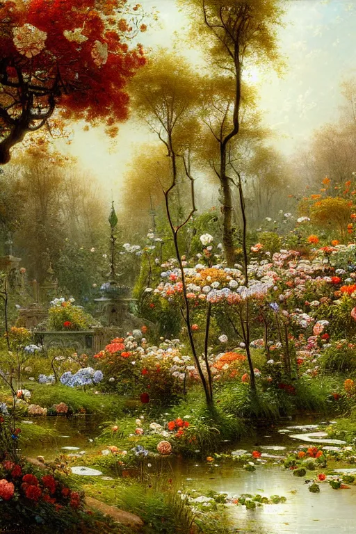 Image similar to detailed painting of a modern marble botanical sanctuary, flowers and plants blooming, trees, autumn, spring, winter, summer, filigree ornaments, andreas achenbach