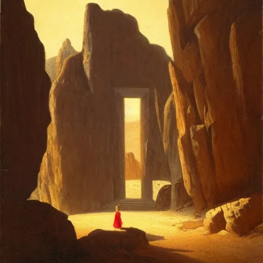 Prompt: a young girl stands next to a stone colossus, in front of a temple, in a large desert cave, dramatic lighting, hudson river school