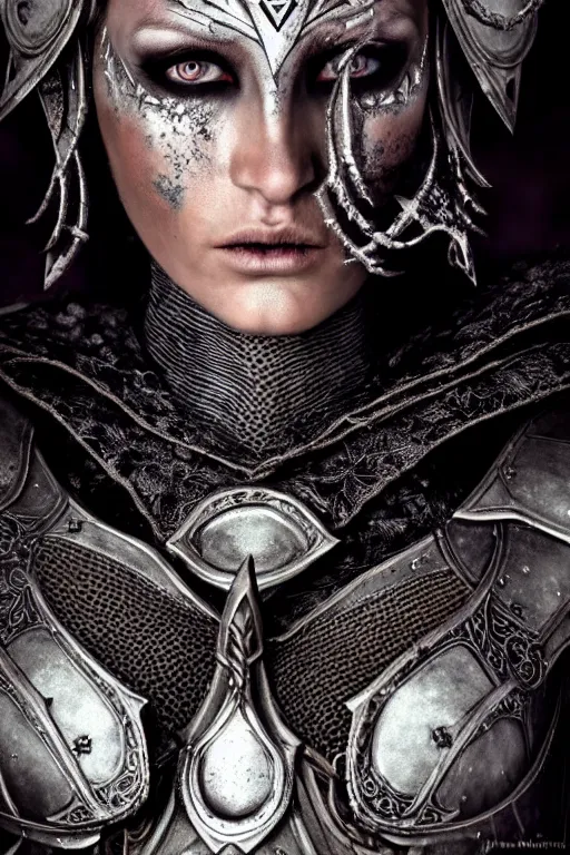 Prompt: head and shoulders portrait of an eldritch knight, drow, dark elf, shadar kai, female, breastplate, magical, high fantasy, d & d, by annie liebovitz, face details, extremely detailed, vogue fashion photo