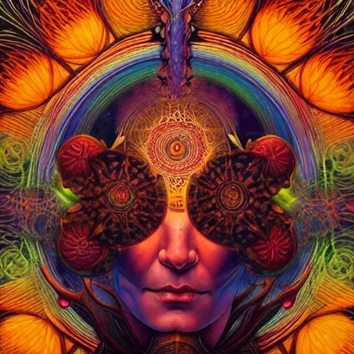 Prompt: psychedelic ayahuasca artwork of esao andrews frank xavier leyendecker, energy body, sacred geometry, esoteric art, divinity detailed, saturated colors,