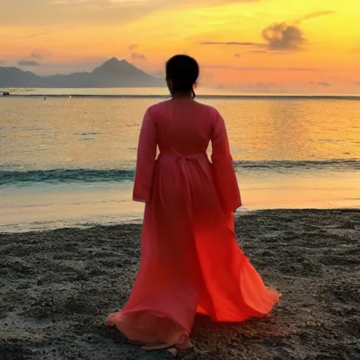 Prompt: A Filipina woman at the beach wearing a gown at sunset