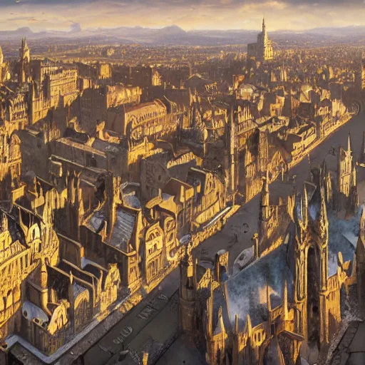 Prompt: an ultra detailed matte painting of the quaint capital city of galic, grid shaped city cobblestone streets, fantasy city, light snowfall, wind, inspiring gothic architecture, ultrawide lense, aerial photography, unreal engine, exquisite detail, 8 k, art by greg rutkowski and alphonse mucha