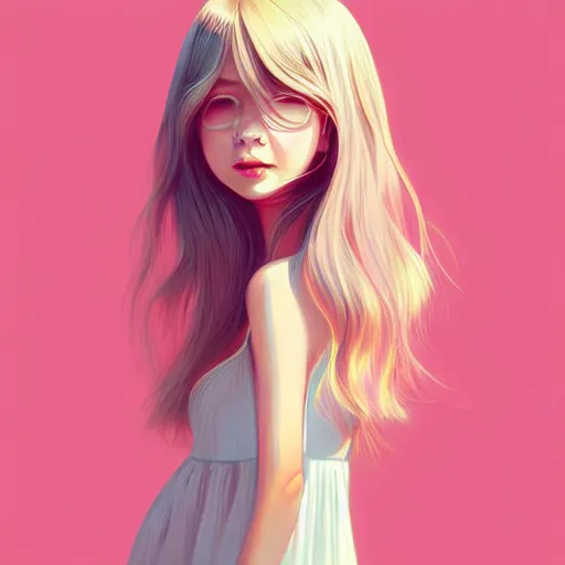 Image similar to happy adult female in sundress, summer dress, pastel light pink very long hair, muted colors, matte print, pastel colors, ornate, digital art, digital painting, fan art, elegant, artstation, head is centered, by Ilya Kuvshinov