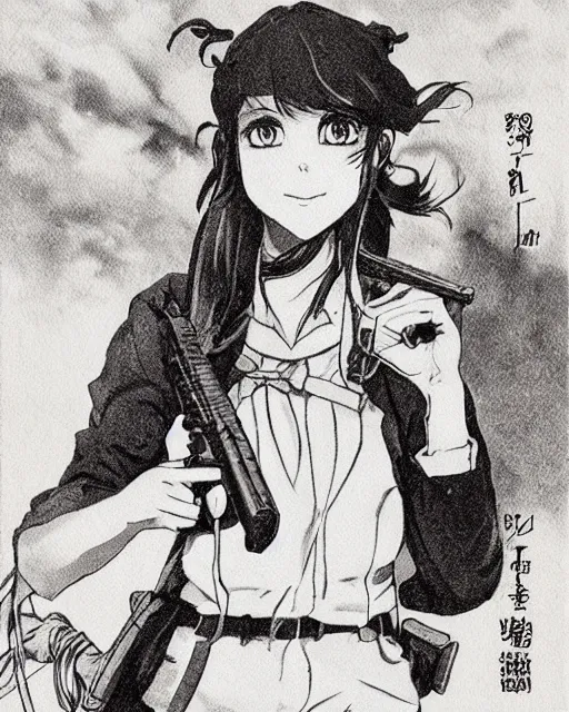 Prompt: portrait of a girl holding a pistol, detailed manga art panel, professional