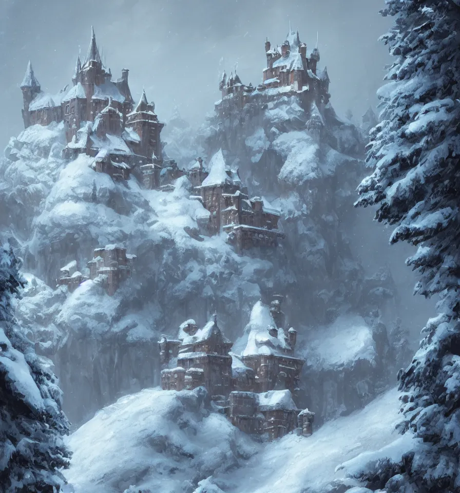 Image similar to a painting of a castle in the middle of a snowy mountain, a detailed matte painting by andreas rocha and greg rutkowski, featured on artstation, fantasy art, matte drawing, matte painting, artstation hq