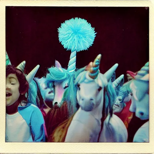 Image similar to by tony northrup mood, lavish robin egg blue, polaroid. a illustration of a pantomime unicorn onstage, surrounded by a group of children who are clapping & cheering. the unicorn is wearing a sparkly costume & has a long, flowing mane. its horn is glittering & its eyes are wide open.