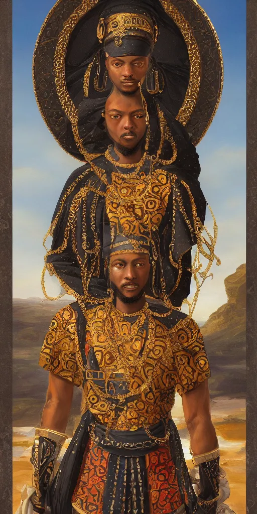 Image similar to a stunning and noble highly detailed romantic period style portrait of Mansa Musa by Josep Tapiró Baró, trending on artstation, oil painting masterpiece, symmetry, African iconography