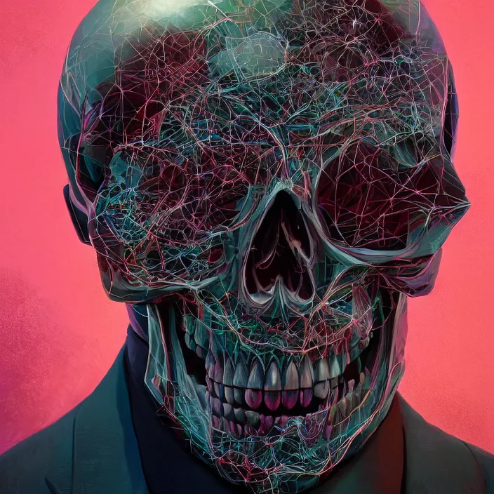 Image similar to portrait of a skull in a suit. intricate abstract. intricate artwork. nightmare fuel. by Tooth Wu, wlop, beeple, dan mumford. octane render, trending on artstation, greg rutkowski very coherent symmetrical artwork. cinematic, hyper realism, high detail, octane render, 8k, iridescent accents