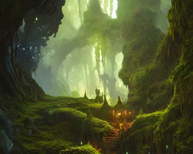 Image similar to mossy cave lit by orange minerals, deep focus, d & d, fantasy, intricate, elegant, highly detailed, digital painting, artstation, concept art, matte, sharp focus, illustration, hearthstone, art by artgerm and greg rutkowski and laura sava and alphonse mucha