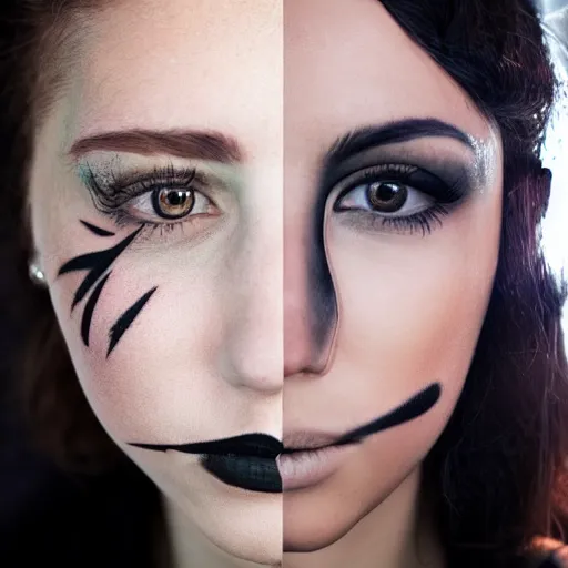 Image similar to photo, closeup, young woman with her face divided into two parts. left part has heavy amount of makeup. right part has intriguing tattoo