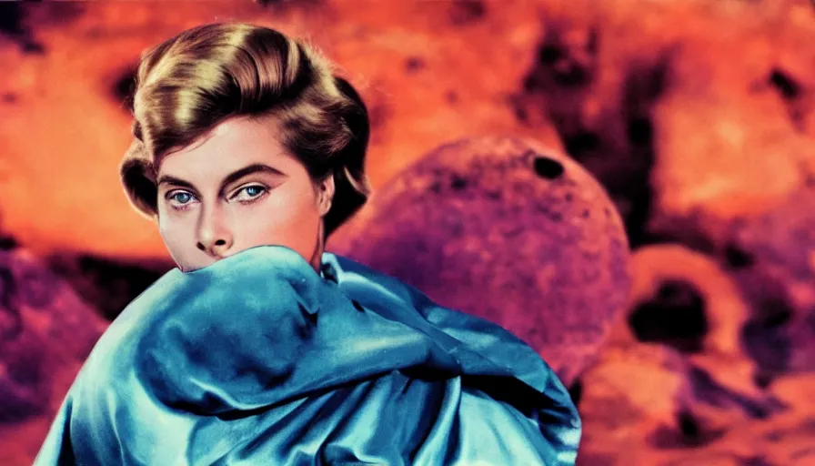 Image similar to film capture, young ingrid bergman as barbarella, exploring an alien planet. full colour. colourful. symmetrical face. symmetrical body. cinematic. 1 0 0 mm lens. realistic. photograph.