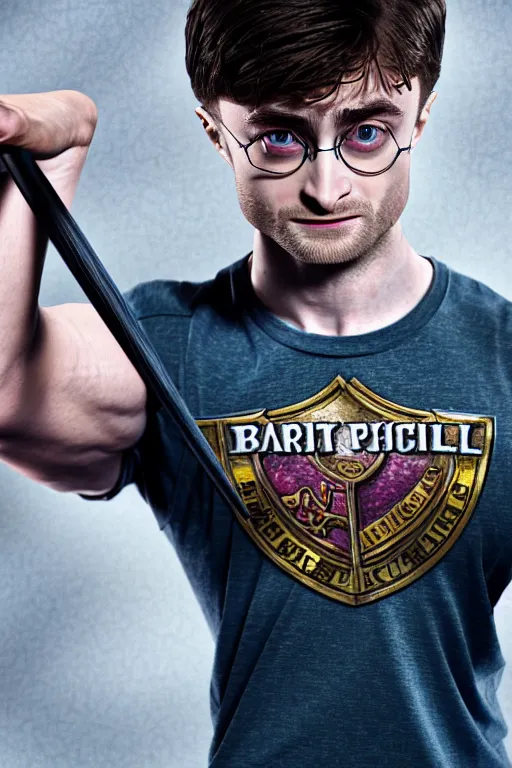 Image similar to highly detailed rendering of Daniel Radcliffe as Harry Potter doing barbell back squats, dingy workout gym, wearing a muscle tee shirt, muscular deep squats, symmetrical, highly detailed, digital painting, artstation, concept art, smooth, sharp focus, illustration, cinematic lighting, art by artgerm and greg rutkowski and alphonse mucha