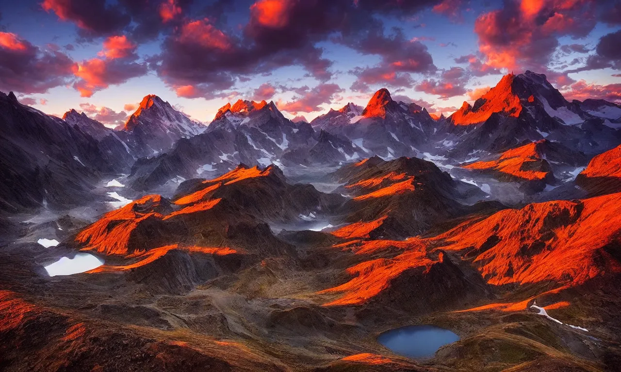 Image similar to amazing landscape photo of mountains with lake in sunset by marc adamus, beautiful dramatic lighting