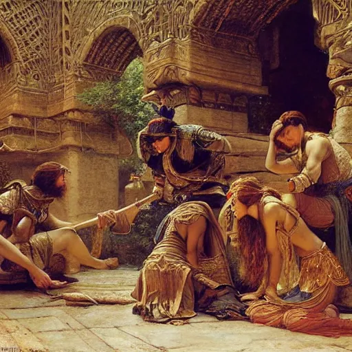 Image similar to orientalist painting of a group of adventurers in a sandstone ruin dungeons and dragons intricate artwork by john william waterhouse and Edwin Longsden Long and Theodore Ralli and Henryk Siemiradzki. high detail 8k