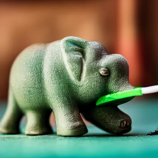 Image similar to macro photo little green elephant cleaning with toothbrush, fisheye, realistic, dramatic