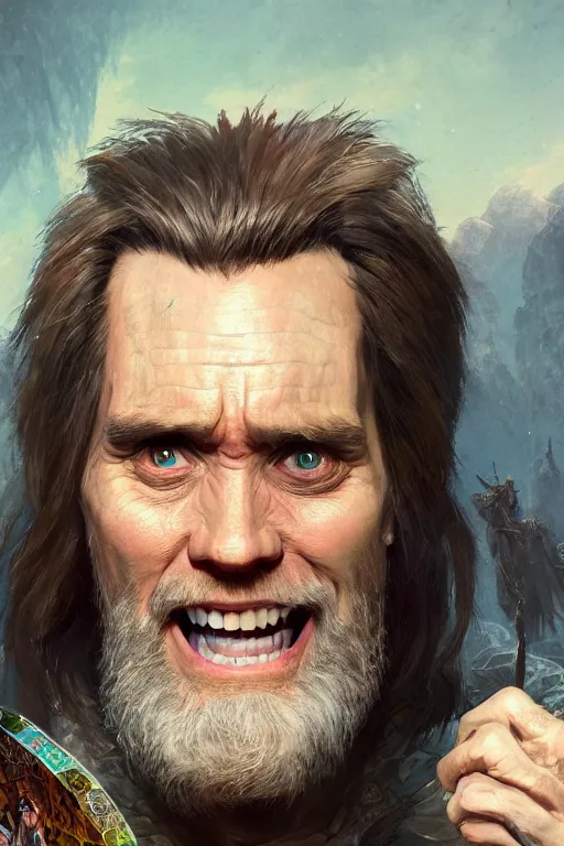 Prompt: full shot of Jim Carrey as a D&D Bard, trending on artstation, illustration, cgsociety, 8k, cinematic art by Greg Rutkowski and Thomas Kinkade and William O'Connor