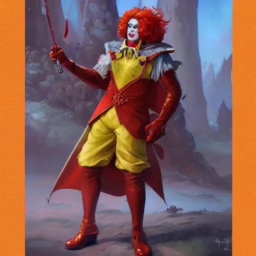 Prompt: an epic fantasy comic book style full body portrait painting of ronald mcdonald. d & d. fantasy. intricate. elegant. highly detailed. digital painting. artstation. concept art. matte. sharp focus. illustration. art by artgerm and greg rutkowski and alphonse mucha