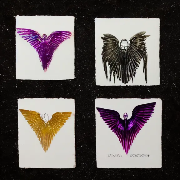 Image similar to crystal wings, waporwave polaroid, metal acid deep colors, fallen angel of death, love broken