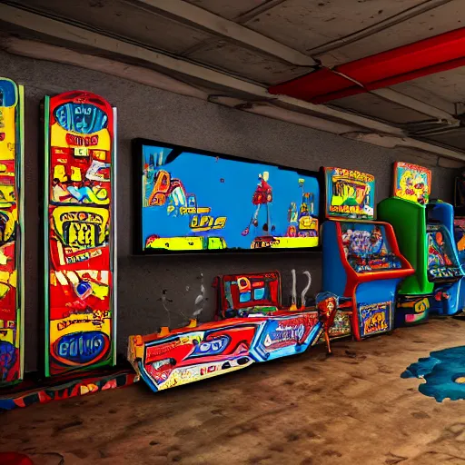 Image similar to large Mancave full of 80s toys games arcade games and wall posters Stuffy atmosphere, shadows, vintage, highly detailed, abandoned, octane render, blender, --width 768 4k