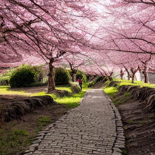 Image similar to stone path through a cherry blossom filled valley leading to a monastery