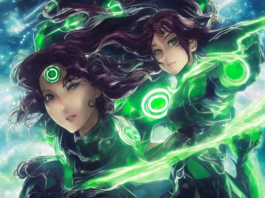 Image similar to anime key visual of one beautiful female green lantern, dc comics, power, hope, glowing, intricate, in space, stunning, highly detailed, digital painting, artstation, smooth, hard focus, illustration, art by artgerm and greg rutkowski and alphonse mucha