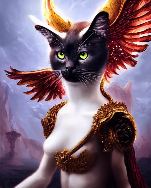 Prompt: amazing poster of detailed portrait digital rococo painting of a beautiful serious cat wearing fantasy clothing. the cat has black angel wings, evil mood, hellish battlefield in the background, unreal engine, embers flying, hyper realism, realistic shading, cinematic composition, blender render, octane render, ultrawide shot