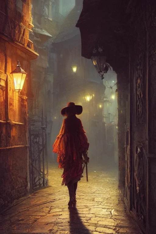 Prompt: A girl with big hat walking through the streets of a medieval village at night, glowing lights, oil painting, Greg Rutkowski, gustave doré, alphonse mucha, frank frazetta, unreal 5, hyperrealistic, cinematic view, octane render, RPG portrait, dynamic lighting, fantasy art, beautiful face