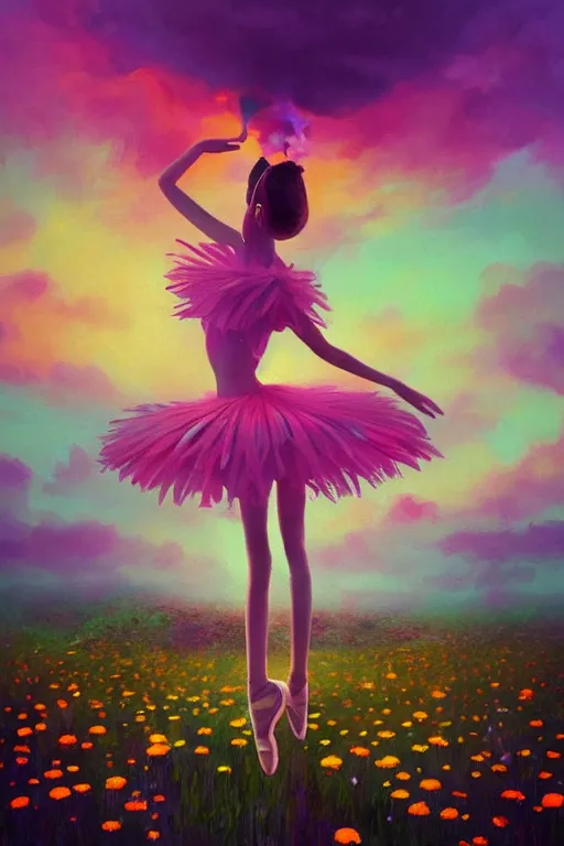 Image similar to giant daisy flower as head, girl ballet dancing in a flower field, surreal photography, sunrise, dramatic light, impressionist painting, colorful clouds, digital painting, artstation, simon stalenhag