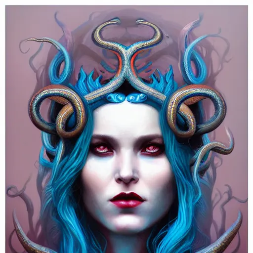 Image similar to queen of snakes, crown of snakes, blue skin, by Anato Finnstark, Tom Bagshaw, Brom