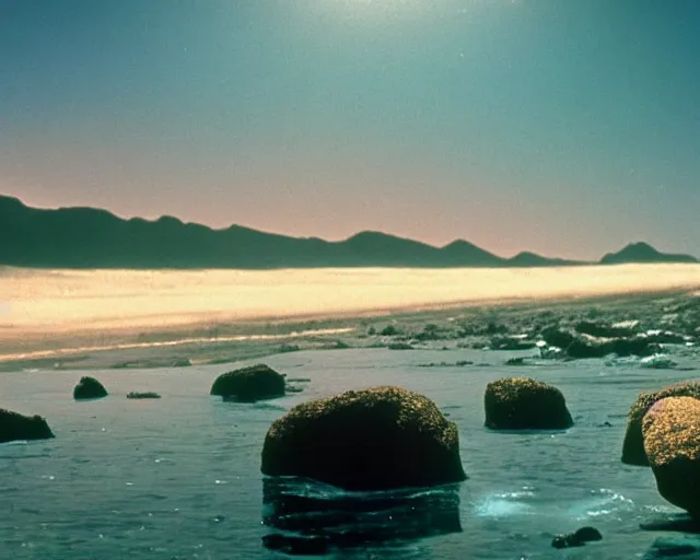 Prompt: a wide angle color movie still of a beach on an alien planet with floating rocks, three suns, beautiful shot on celluloid with panavision cameras, panavision lenses, 3 5 mm film negative width, anamorphic projection format, critically acclaimed, oscar winning practical effects