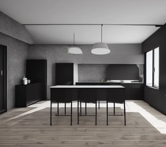 Image similar to brutalist black house kitchen interior design minimalist organic, organic architecture furniture open space high quality octane render blender 8 k