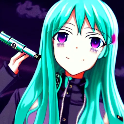 Image similar to hatsune miku high on weed with bloodshot eyes smoking with a vape pen.