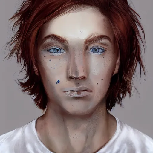 Prompt: face portrait of a thin young man with red hair and freckles, blue eyes, a long nose, highly detailed, digital art