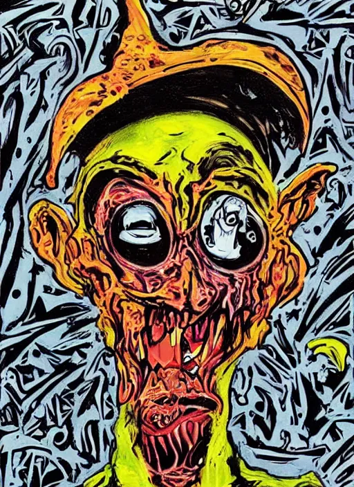 Image similar to a horror mad portrait of extraterrestrial neo expresionism by a psycho man, full color outsider crazy marginal art