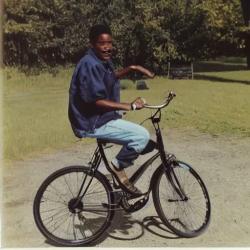 Image similar to young morgan freeman learning to ride a bike, polaroid photo