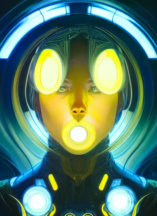 Image similar to symmetry!! portrait, sci - fi, tech wear, blue and yellow glowing lights!! intricate, elegant, highly detailed, digital painting, artstation, concept art, smooth, sharp focus, illustration, art by artgerm and greg rutkowski and alphonse mucha