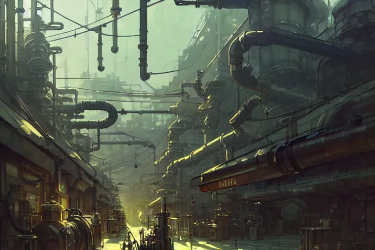 Prompt: dieselpunk, lots of pipes, monitors, machines, painted by greg rutkowski makoto shinkai takashi takeuchi studio ghibli, akihiko yoshida