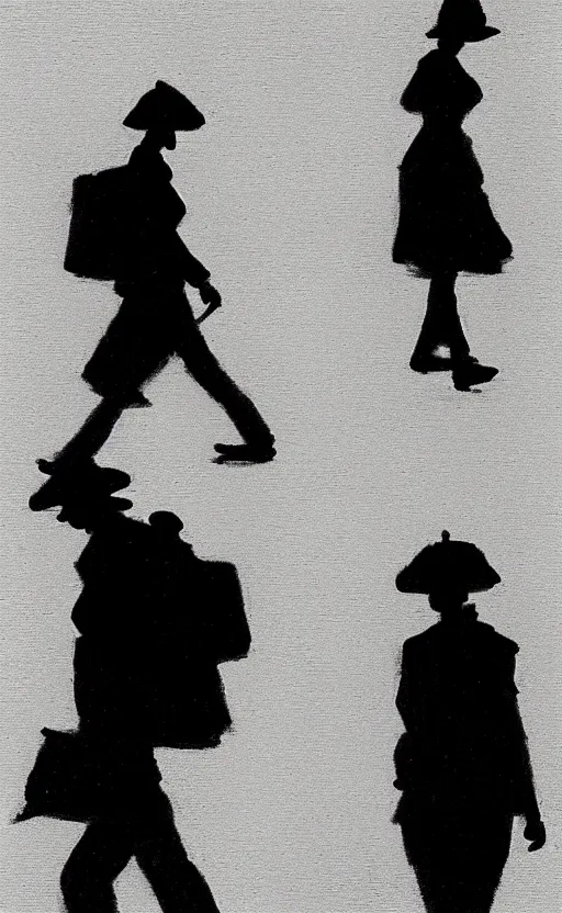 Prompt: symmetry!! black and white silhouette drawing of a person walking, white background by stanhope forbes
