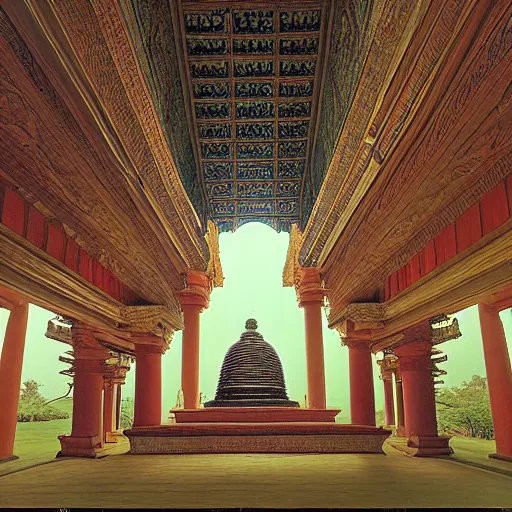 Image similar to inside a majestic, highly detailed beautiful very tall temple by raghu rai, light rays, rayleigh scattering