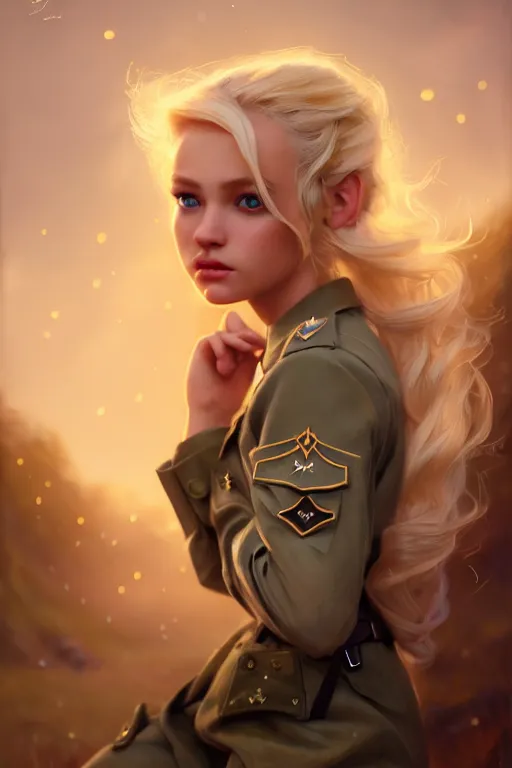 Image similar to cinematic shot of an epic portrait of a cute blonde fairy dressed in military clothes, stylised military clothes, shiny skin, beautiful eyes, beautiful, small details, night setting, realistic poster with volumetric light from craig mallism, artgerm, jeremy lipkin and michael garmash, unreal engine, radiant light, digital art, trends at art station, a masterpiece