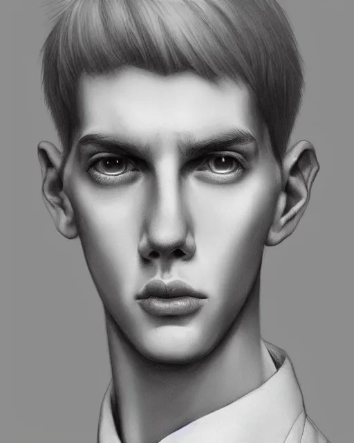 Image similar to portrait of 1 5 - year - old boy, a tall, slender boy with a pale, pointed face, sleek blond hair, and ice grey eyes, wearing in shirt, hyper realistic face, beautiful eyes, character art, art by mark brooks, art by artgerm and greg rutkowski trending on artstation, digital art