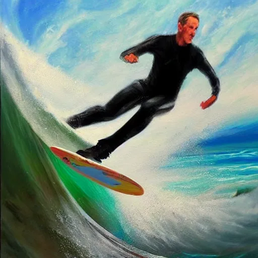 Image similar to tony hawk surfing on a tsunami wave, high quality art, trending on artstation, oil painting