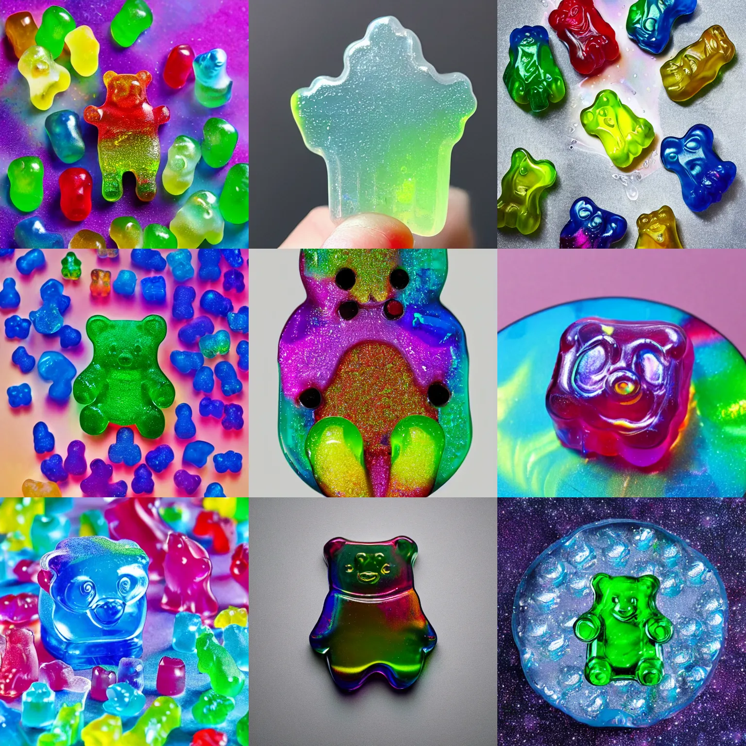 Prompt: a gummy bear covered in thick iridescent dripping goo